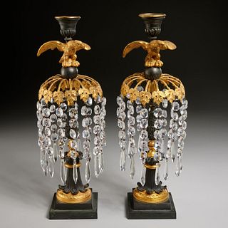 Pair Regency bronze and cut glass candlesticks