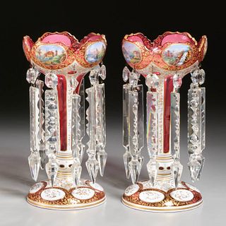 Nice pair Bohemian cased & enameled glass lusters