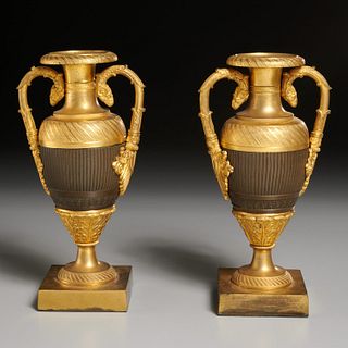 Good pair French parcel gilt bronze urns