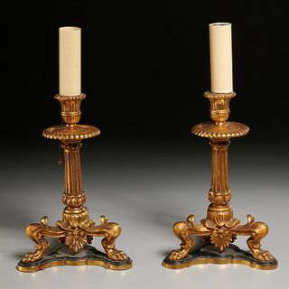 Pair French empire style gilt bronze lamps