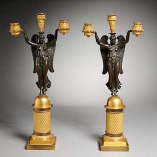 Pair French Empire bronze 3-arm candelabra