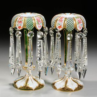Pair Bohemian cased and enameled glass lusters