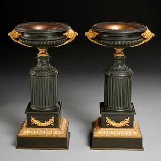 Pair Empire gilt and patinated bronze urns