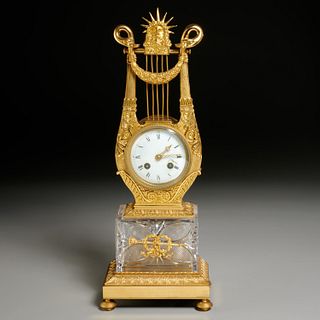 Empire ormolu and crystal lyre-form mantel clock