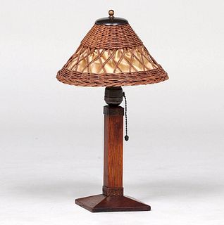 Small Gustav Stickley Oak & Wicker Lamp c1910