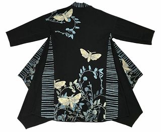 Black kimono with vines, moths and striped border.