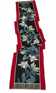 Red and black silk scarf with plants and honey bees.