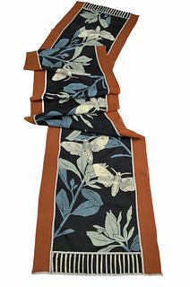 Black and cinnamon silk scarf with plants and moths