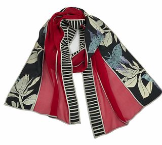 Red and black silk scarf with plants and butterflies.