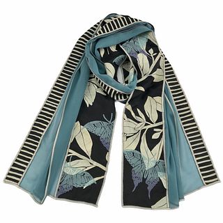 Turquoise and black silk scarf with plants and butterflies