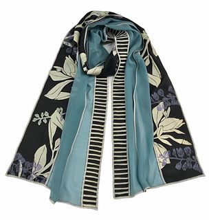 Turquoise and black silk scarf with plants