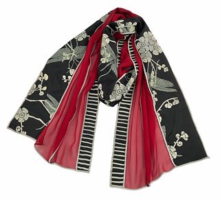 Red and black silk scarf with cherry blossom and grasshoppers