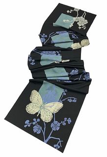 Black scarf with butterflies, cherry blossom, rectangles.