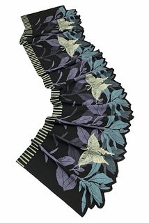 Black, turquoise and violet scarf with plants and butterflies.