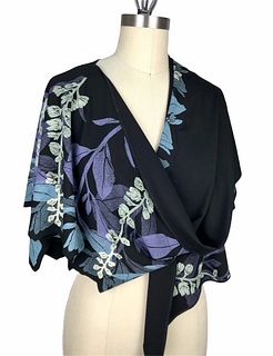 Black, violet and turquoise wrap with plants.