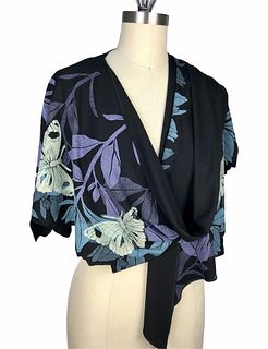 Black, violet and turquoise wrap with plants and butterflies.