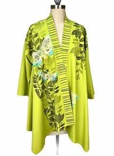 Bright green kimono jacket with plants and butterflies