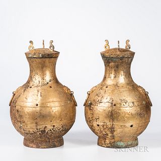 Pair of Archaic-style Gilt-metal Ritual Vessels and Covers