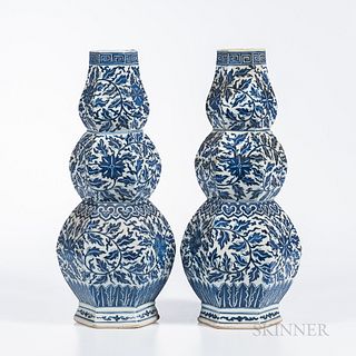 Pair of Blue and White Triple Gourd Vases