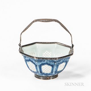Small Export Blue and White Bowl in a Silver Basket