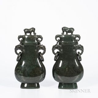 Pair of Carved Hardstone Covered Vases
