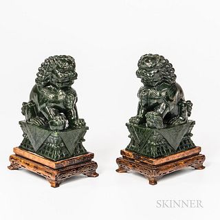 Pair of Spinach Green Hardstone Foo Lions