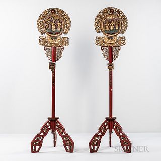 Pair of Red/Gold-lacquered Wood Floor Lantern Stands
