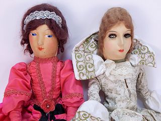 2 Antique Hand Painted Boudoir Dolls