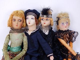 4 Antique Cloth Masked Composition Boudoir Dolls