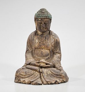 Chinese Carved Parcel-Gilt Wood Seated Buddha