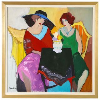 Itzchak Tarkay (Israel, 1935-2012) "Two Woman at A Table" Oil on Canvas Painting