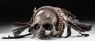 Early 20th C. Asmat Ancestor Skull, Feathers & Beads