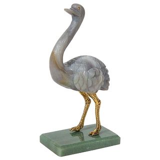 An Imperial Faberge Carved Labradorite Ostrich on Nephrite Base, 20th Century