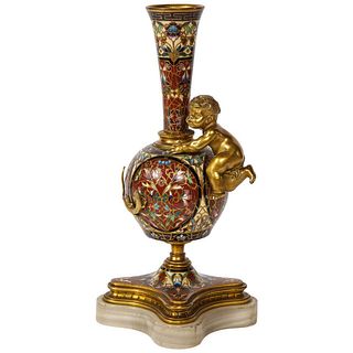 Exquisite French Ormolu and Champleve Enamel Bud Vase, 19th Century