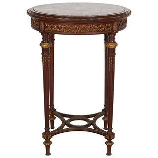 French Bronze-Mounted Mahogany Marble-Top Gueridon Table Attributed to Linke
