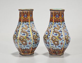 Pair Chinese Enameled Porcelain Hexagonal Vases