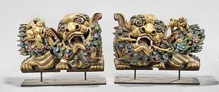 Pair Chinese Gilt Carved Wood Lions
