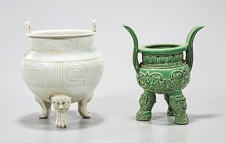 Two Chinese Glazed Porcelain Tripod Censers