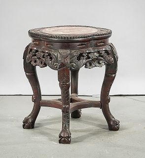 Chinese Marble Top Carved Wood Side Table