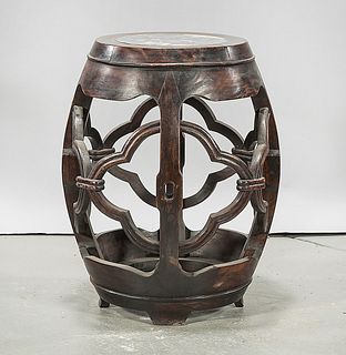 Chinese Marble Top Carved Hard Wood Stool