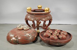 Chinese Painted Wood Serving Set with Stand