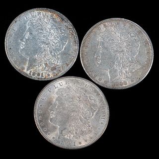 Three $1 Morgan Silver Dollar Coins 1891, 1898, 1921