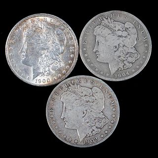 Three $1 Morgan Silver Dollar Coins 1900, 1902, 1904