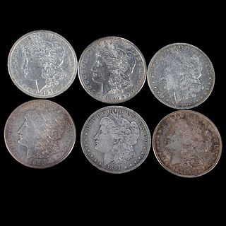Six (6) $1 Morgan Silver Dollar Coins (1) 1879, (1) 1886-o, (1) 1899, (1) 1891, (2) 1921