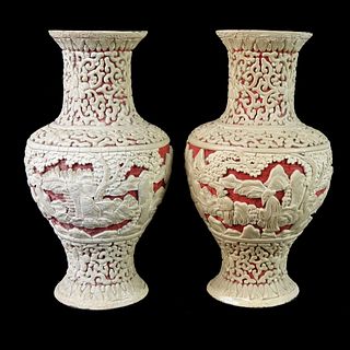 Pair of Antique Chinese Cinnabar Vases