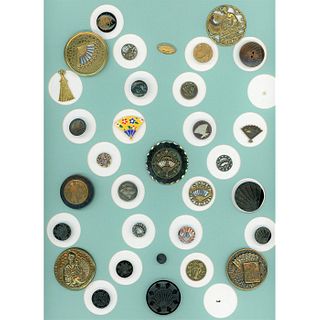A Full Card Of Assorted Material Pictorial Fan Buttons