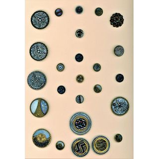 A Card Of Assorted Black Glass Mounted In Metal Buttons