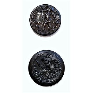 Two Division 1 Black Dyed Molded Horn Pictorial Buttons