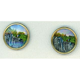 A Pair Of Hand Painted Under Glass French Scene Buttons