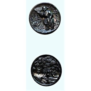 2 Division 1 19Th Century Black Glass Pictorial Buttons